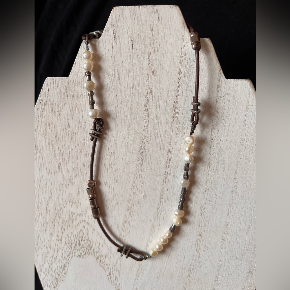Sterling silver, pearl leather cord necklace